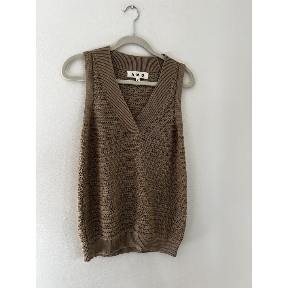 AMO Jean Open Knit Jerry Sweater Vest Tan Brown Size XS Pima Cotton - Picture 6 of 7